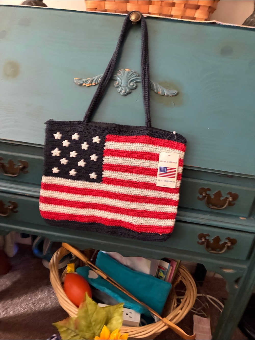 Stars & Stripes American Flag Crochet Tote Bag - Navy, Red & White